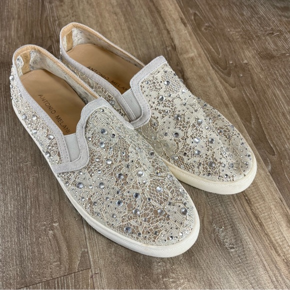 Antonio Melani Cream Garner Lace Rhinestone flat slip on shoes 7.5M - Picture 2 of 5